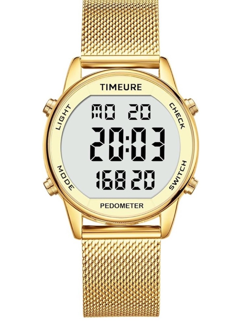 TIMEURE Gold Digital Pedometer Watch. Step Counter,Waterproof, Adjustable Band.